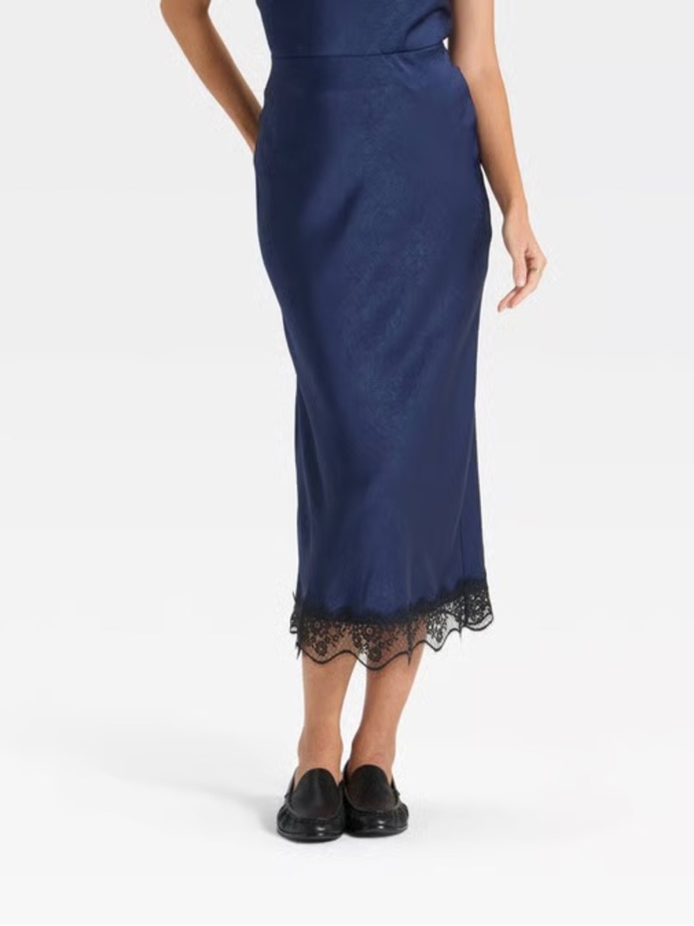 a new day Navy Blue Midi Slip Skirt with Black Lace Trim Elastic Waist XS NWT